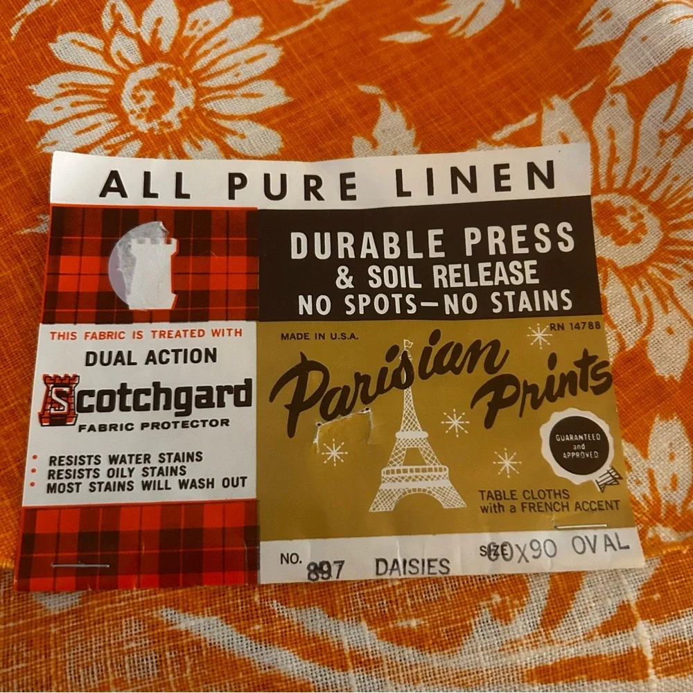 Parisian Prints Pure Linen oval tablecloth vintage daisies USA orange white new